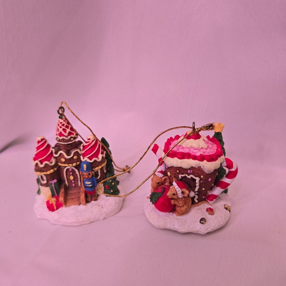 Vintage Gingerbread House Castle Christmas Ornaments Clip Light Up Option Set 2